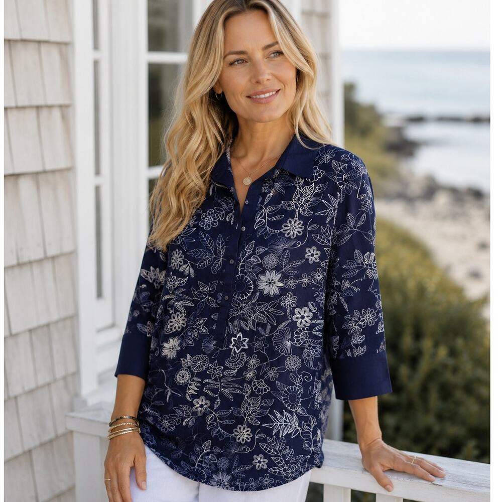Gretchen Scott Embroidered Tunic Womens Small Blue White Floral Cotton Top